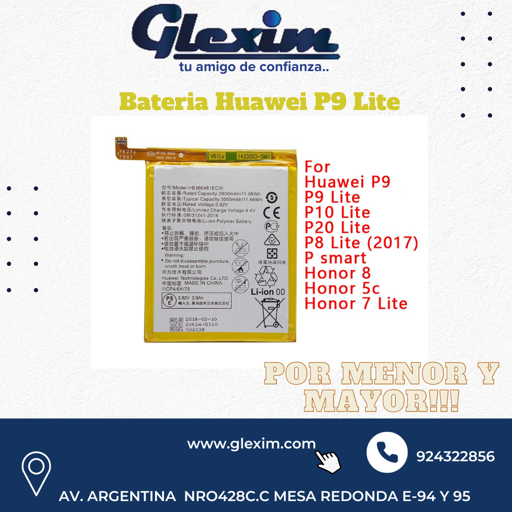 Bateria Huawei P9 Lite / Y7 2018/ P8 Lite 2017/ P20 Lite/ Y6 2018/ Honor 8/P9 Lite 2017/P10 Lite/P Smart 2018